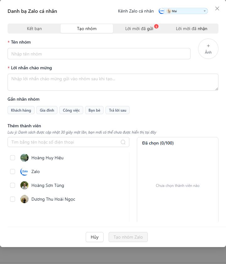Màn hình tạo nhóm Zalo